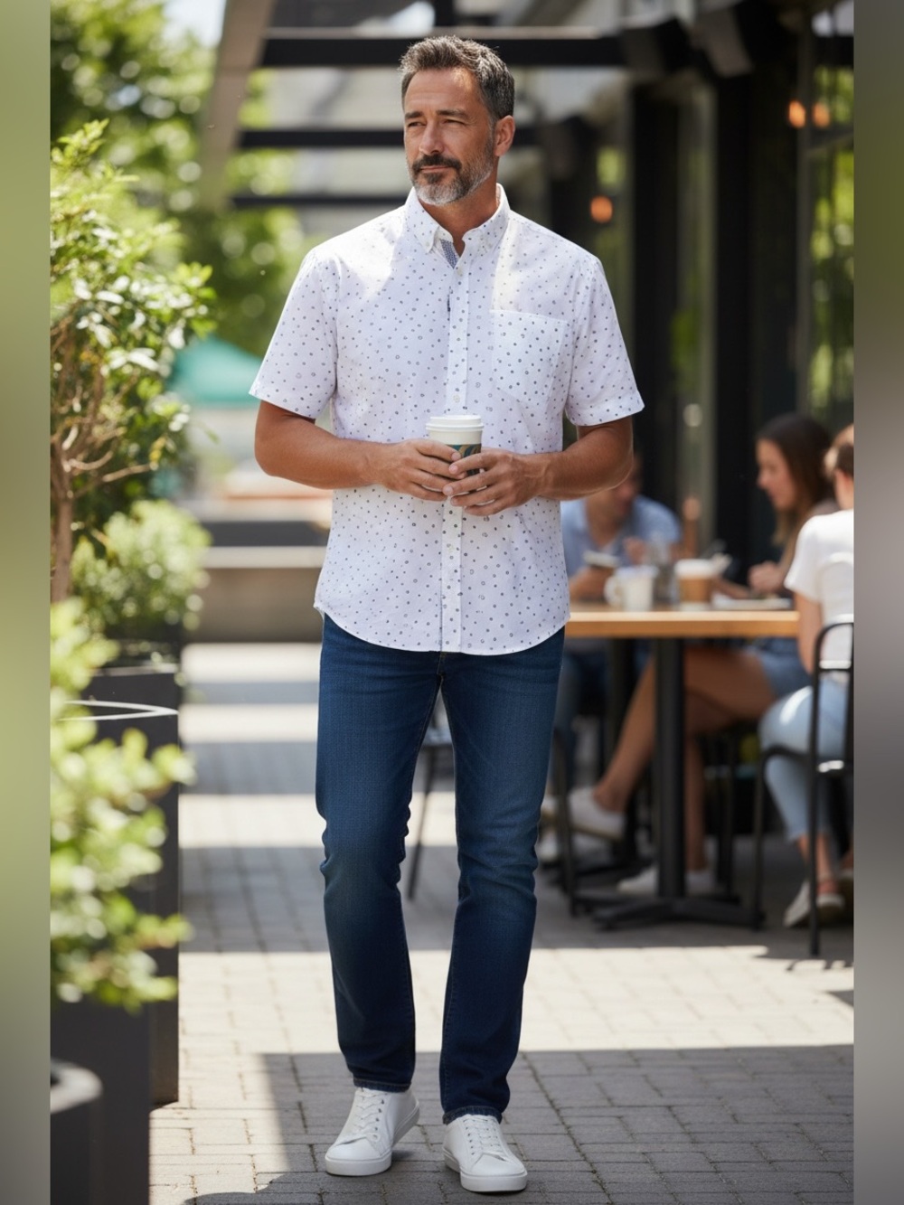 George White Short-Sleeve Button-Down Shirt with Small Navy Circles